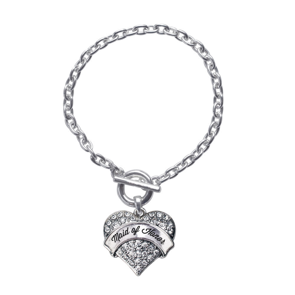 Silver Maid of Honor Pave Heart Charm Toggle Bracelet