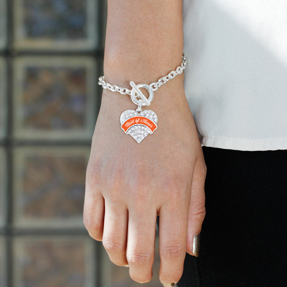 Silver Orange Maid of Honor Pave Heart Charm Toggle Bracelet