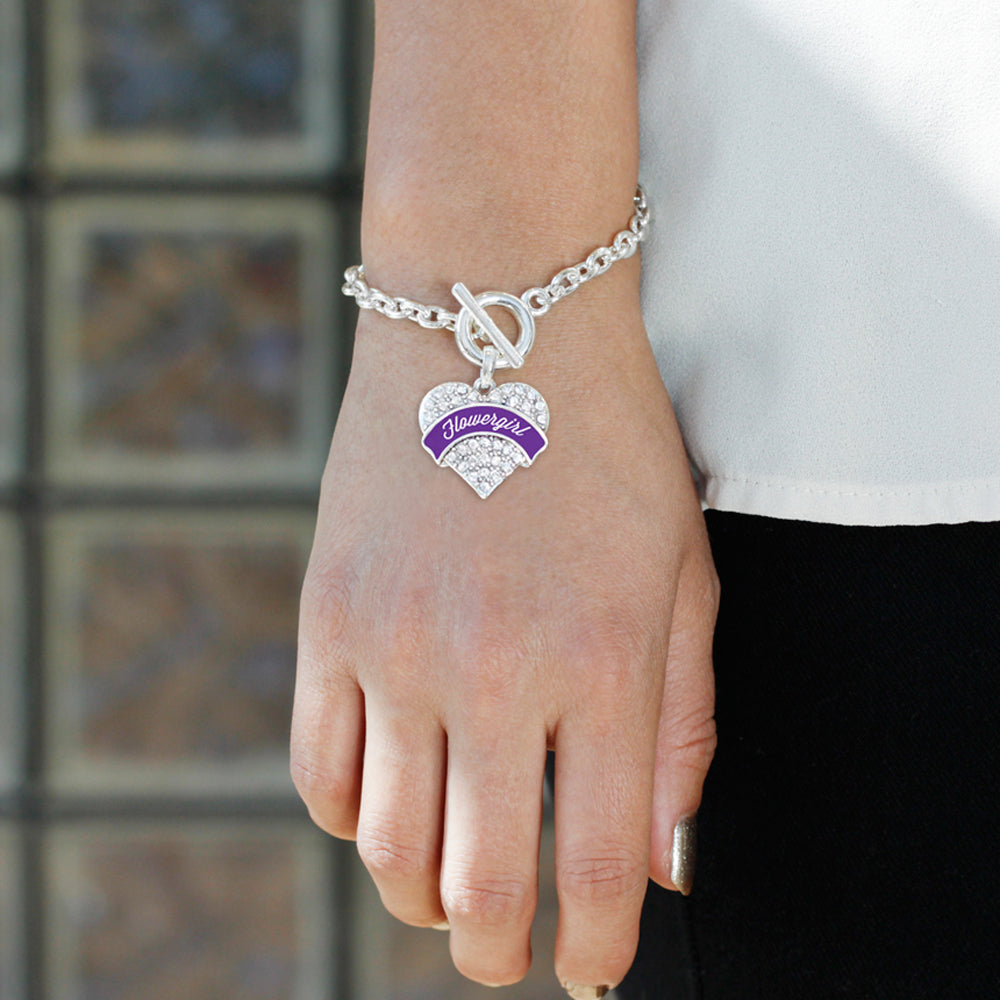 Silver Purple Flower Girl Pave Heart Charm Toggle Bracelet
