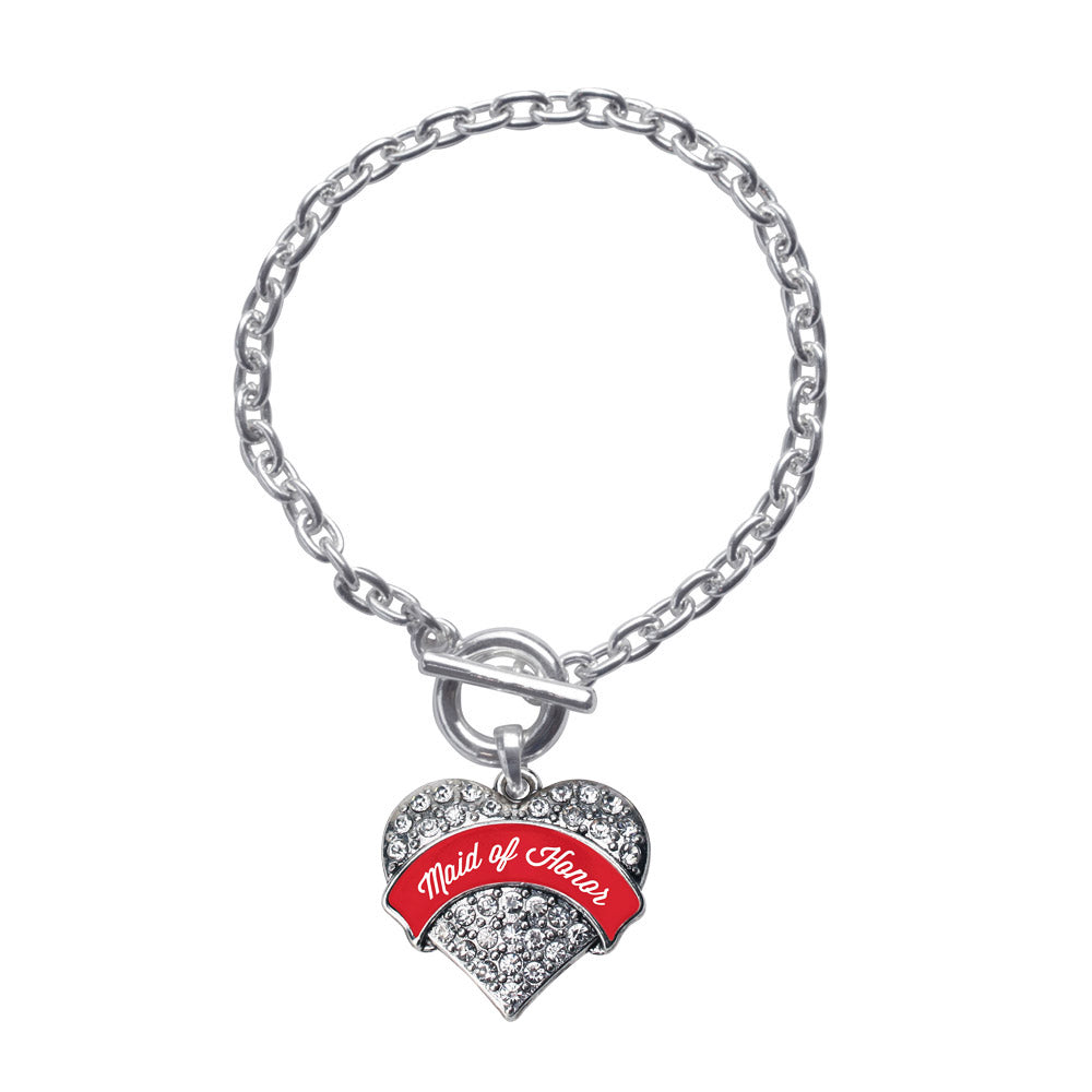 Silver Red Maid of Honor Pave Heart Charm Toggle Bracelet