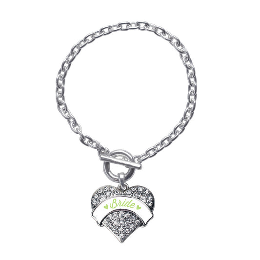 Silver Sage Green Bride Pave Heart Charm Toggle Bracelet