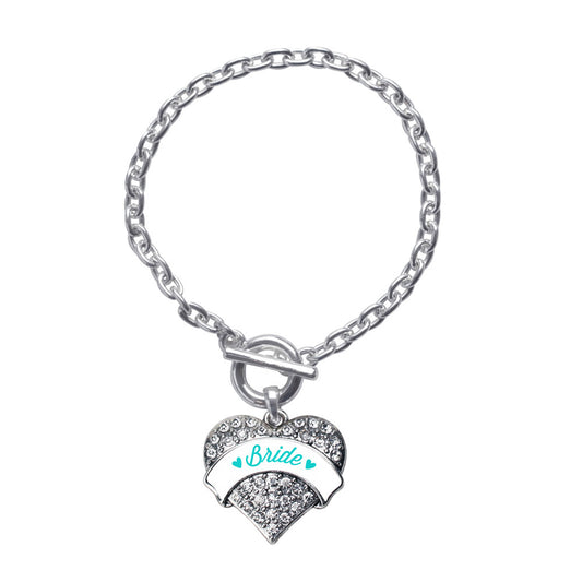 Silver Teal Bride Pave Heart Charm Toggle Bracelet