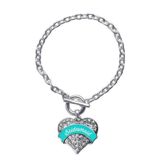 Silver Teal Bridesmaid Pave Heart Charm Toggle Bracelet