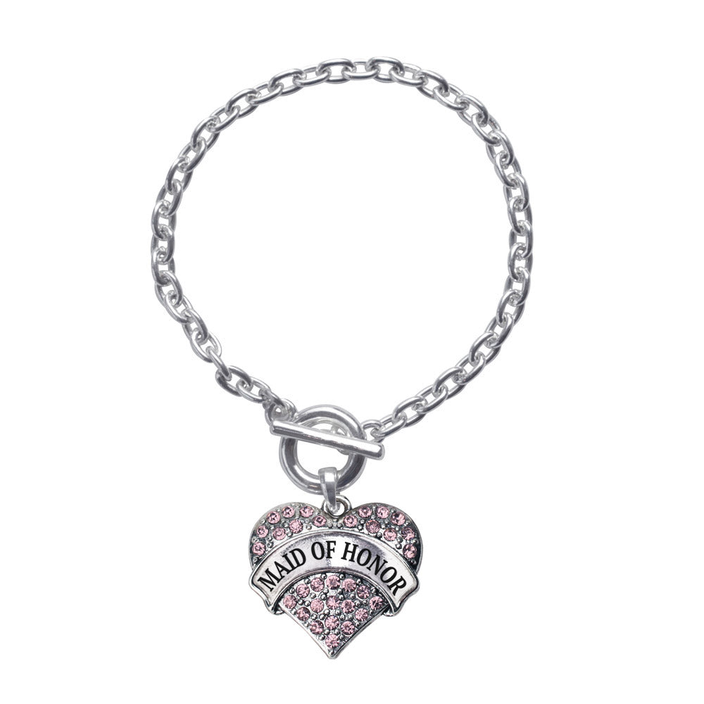 Silver Pink Maid of Honor Pink Pave Heart Charm Toggle Bracelet