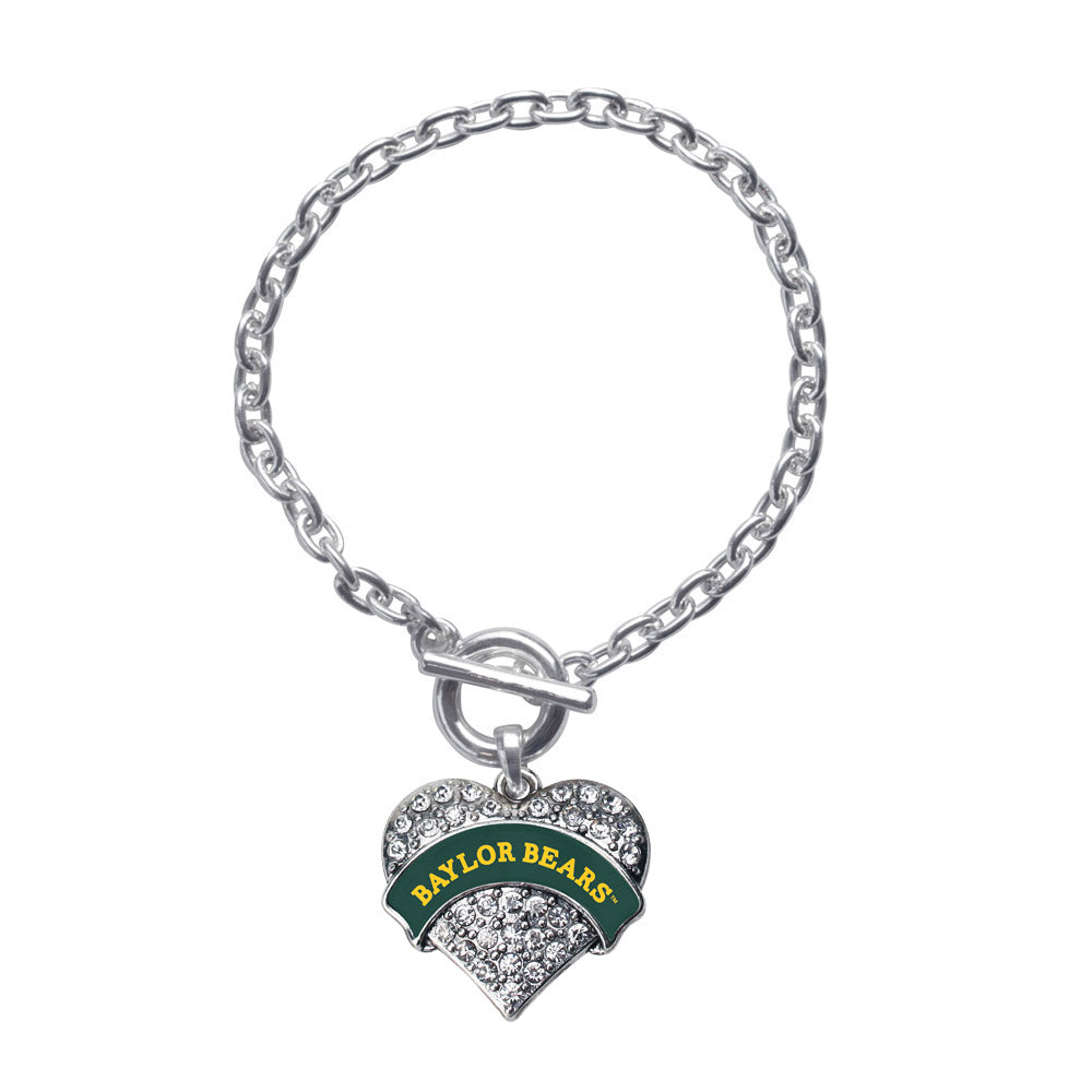 Silver Baylor Bears [NCAA] Pave Heart Charm Toggle Bracelet