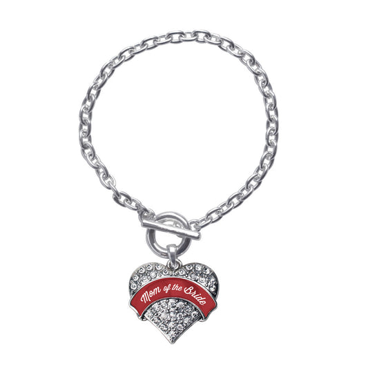 Silver Crimson Red Mom of the Bride Pave Heart Charm Toggle Bracelet