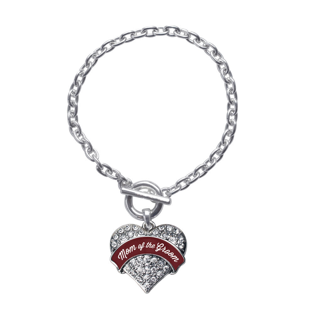 Silver Burgundy Mom of of the Groom Pave Heart Charm Toggle Bracelet