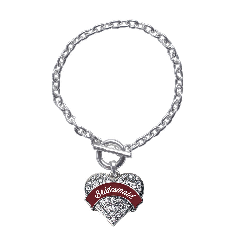 Silver Burgundy Bridesmaid Pave Heart Charm Toggle Bracelet