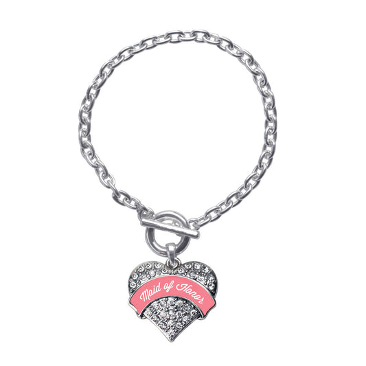 Silver Coral Maid of Honor Pave Heart Charm Toggle Bracelet