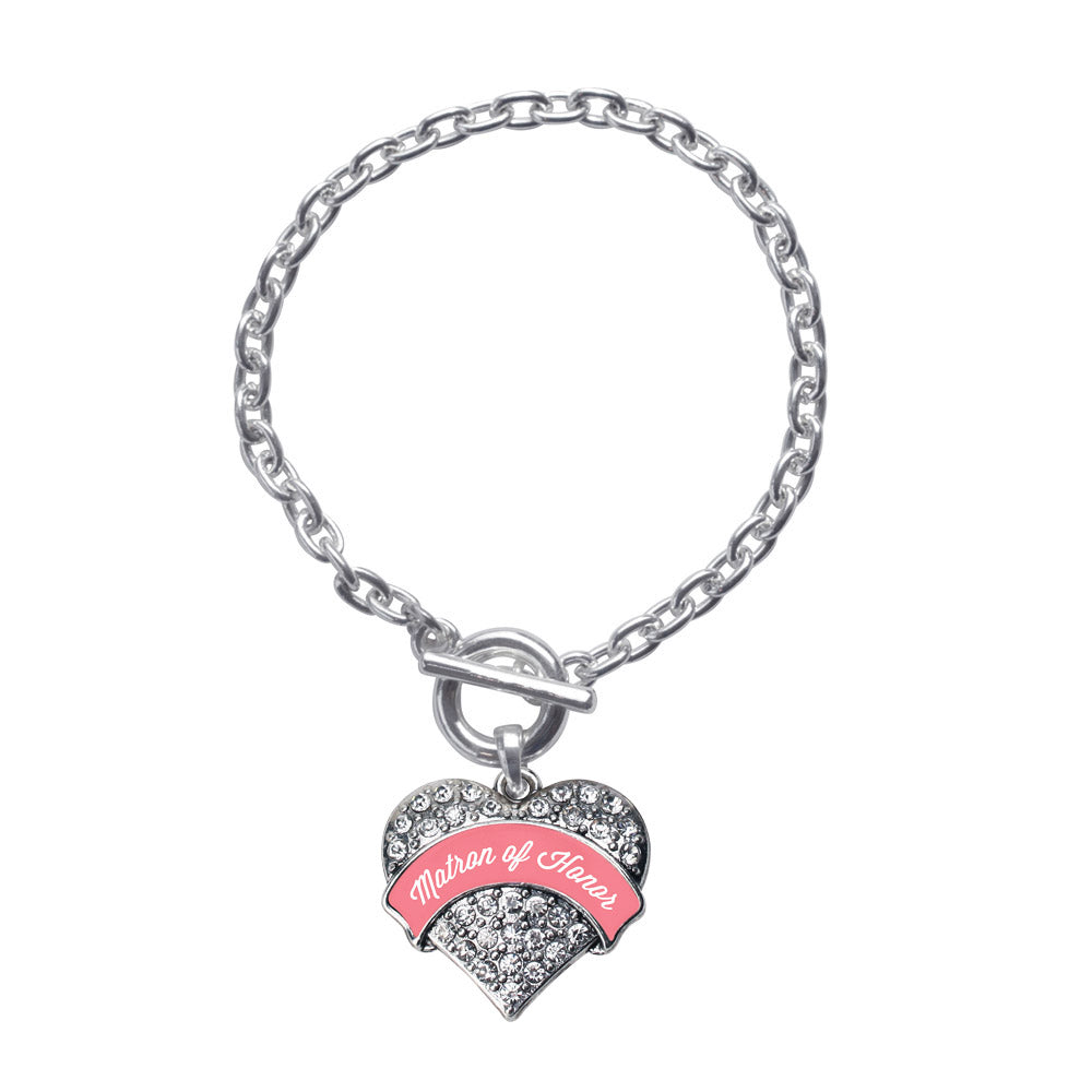 Silver Coral Matron of Honor Pave Heart Charm Toggle Bracelet