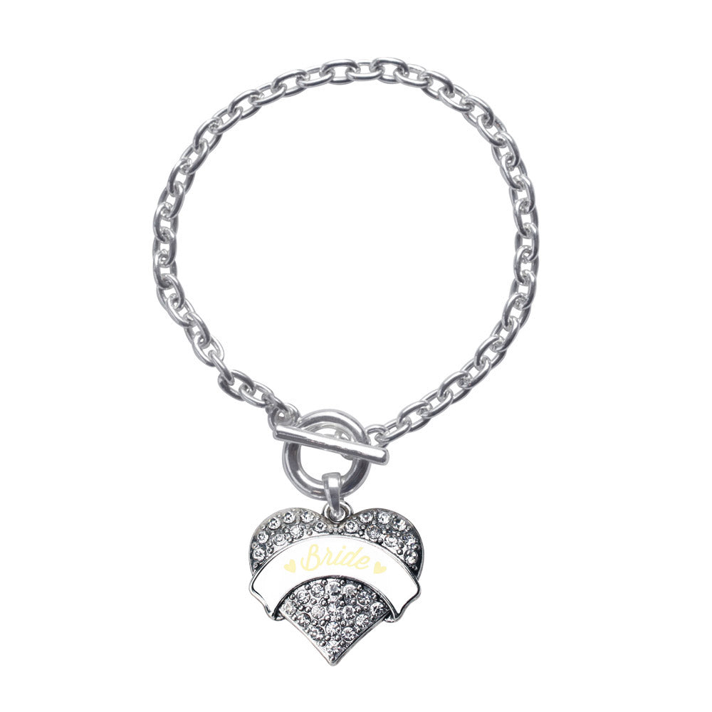 Silver Cream Bride Pave Heart Charm Toggle Bracelet