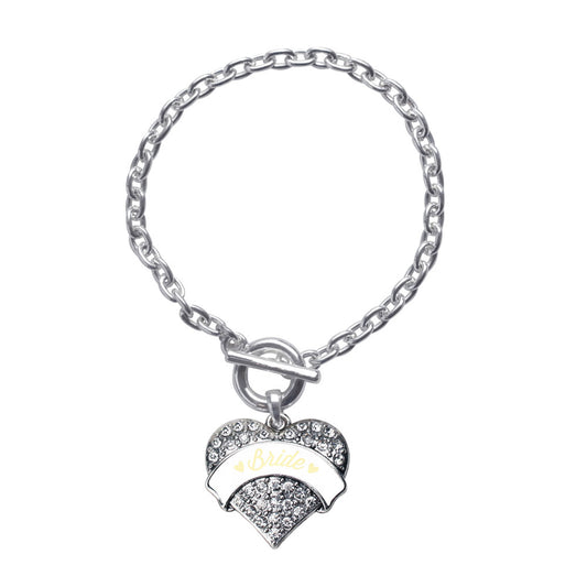 Silver Cream Bride Pave Heart Charm Toggle Bracelet