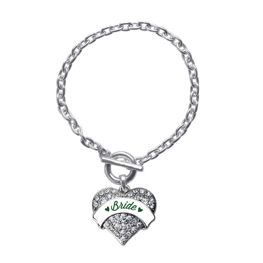 Silver Forest Green Bride Pave Heart Charm Toggle Bracelet