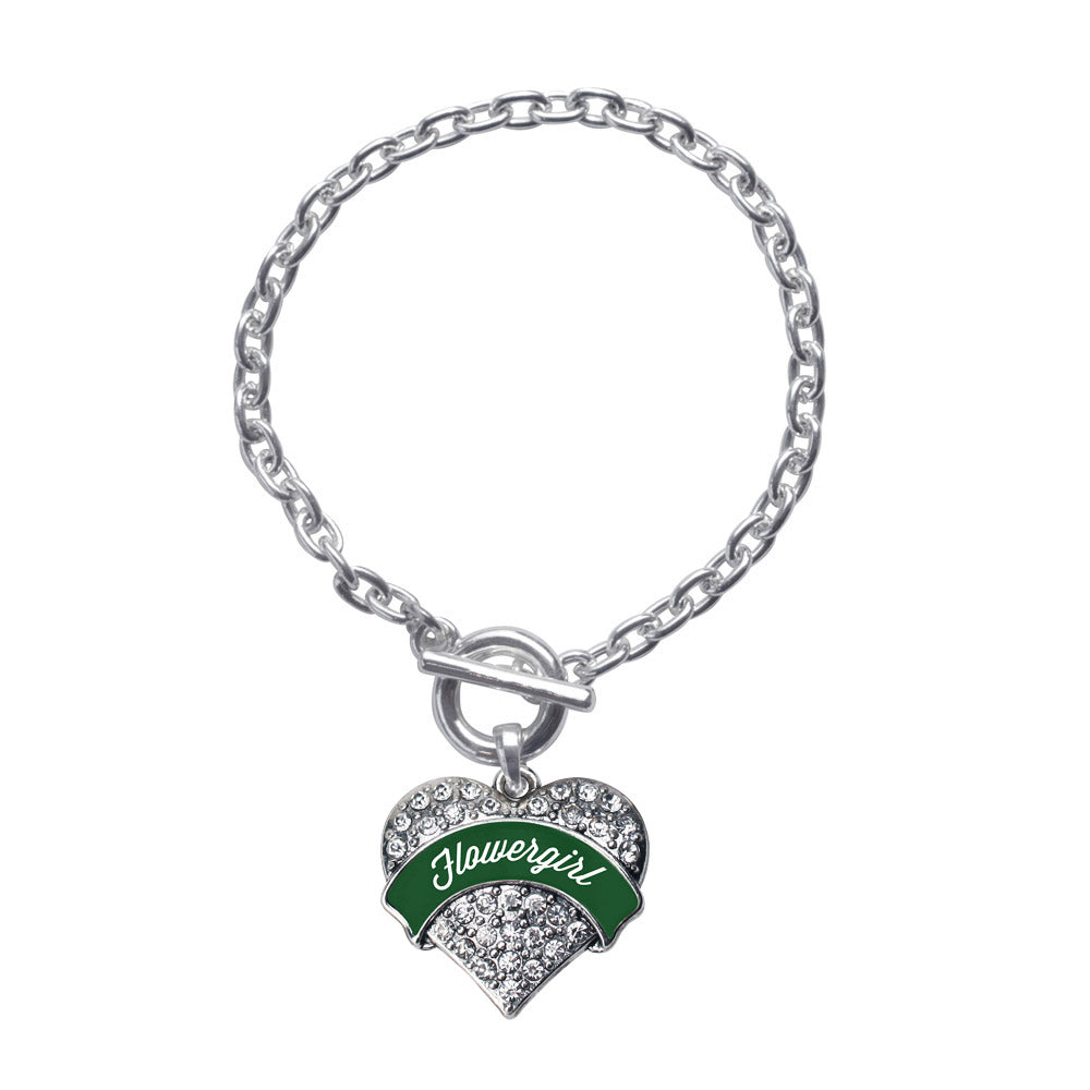 Silver Forest Green Flower Girl Pave Heart Charm Toggle Bracelet