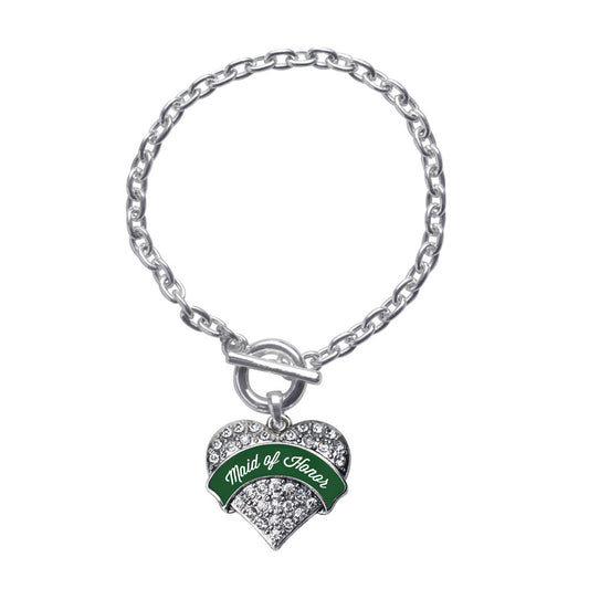 Silver Forest Green Maid of Honor Pave Heart Charm Toggle Bracelet