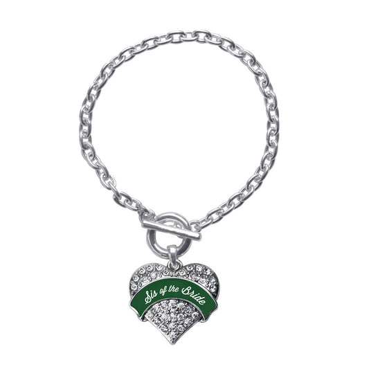 Silver Forest Green Sis of Bride Pave Heart Charm Toggle Bracelet