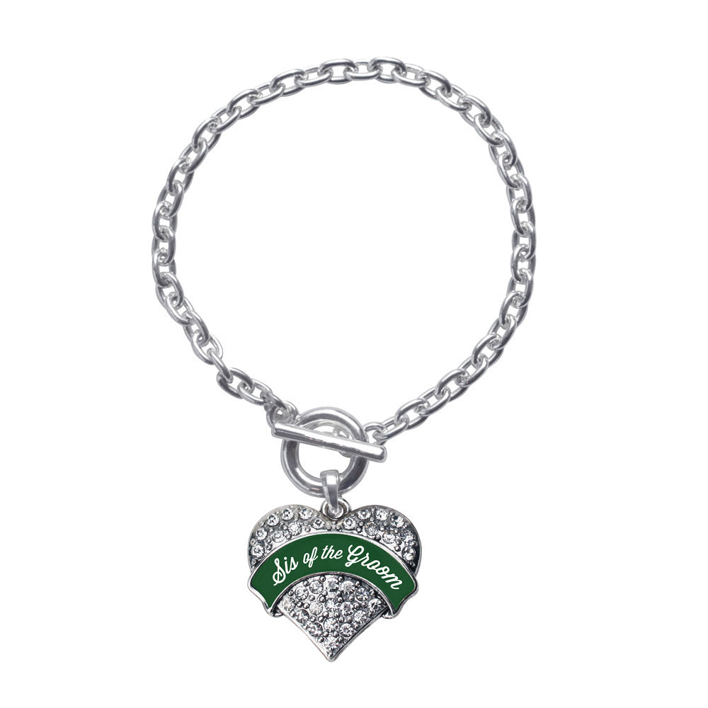 Silver Forest Green Sis of Groom Pave Heart Charm Toggle Bracelet