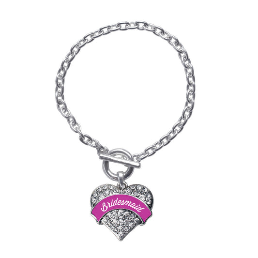 Silver Magenta Bridesmaid Pave Heart Charm Toggle Bracelet