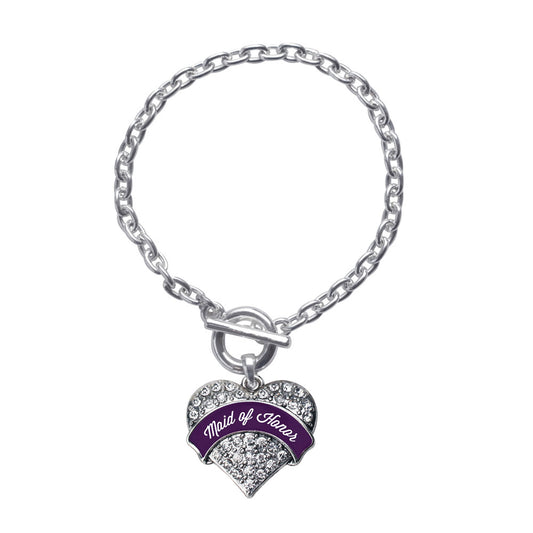 Silver Plum Maid of Honor Pave Heart Charm Toggle Bracelet