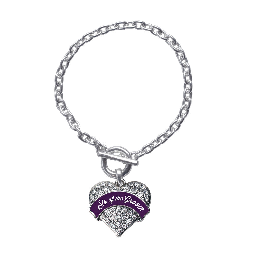 Silver Plum Sis of Groom Pave Heart Charm Toggle Bracelet