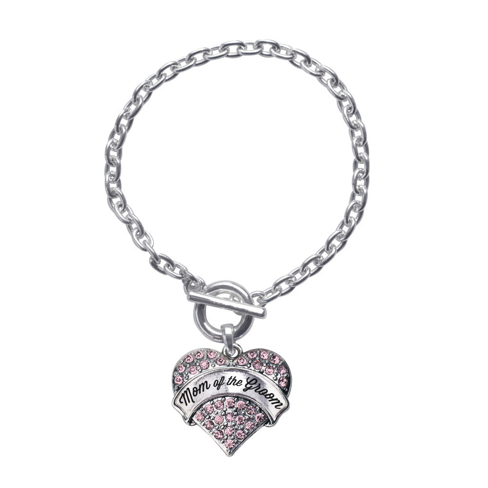 Silver Script Pink Mom of the Groom Pink Pave Heart Charm Toggle Bracelet