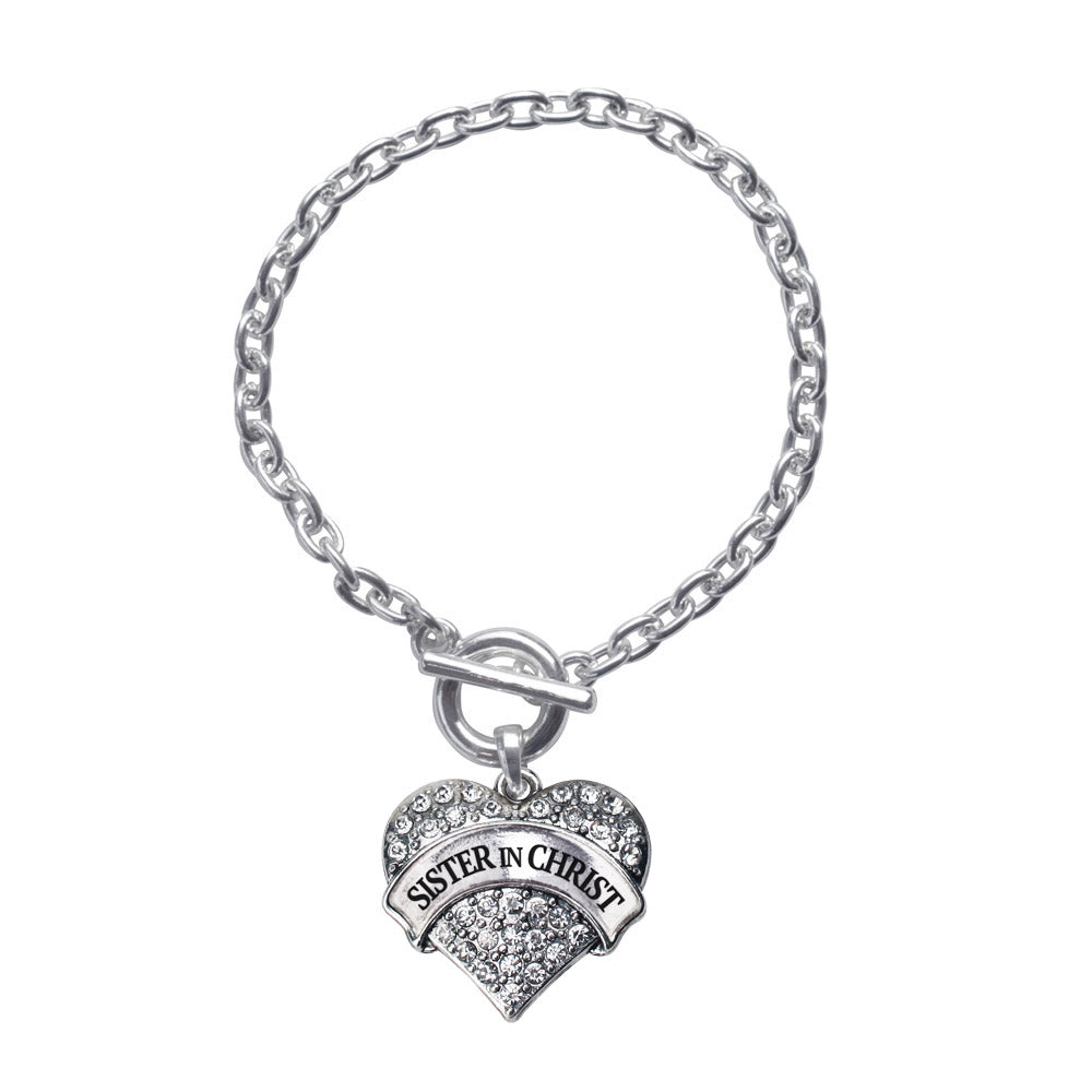 Silver Sister in Christ Pave Heart Charm Toggle Bracelet