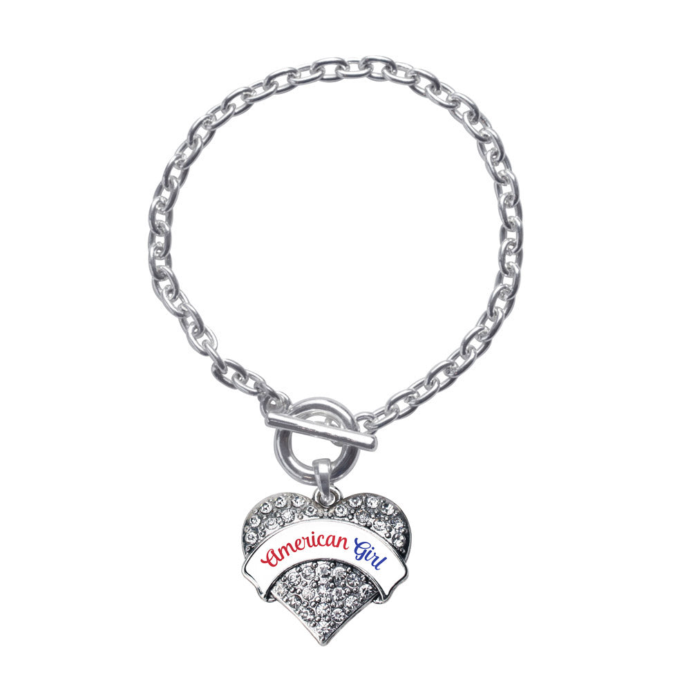Silver Colored Script American Girl Pave Heart Charm Toggle Bracelet