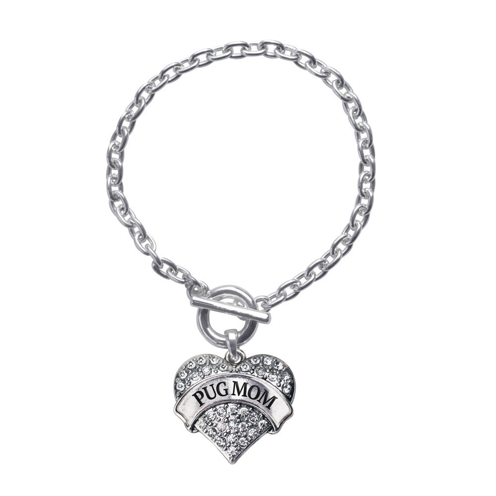 Silver Pug Mom Pave Heart Charm Toggle Bracelet