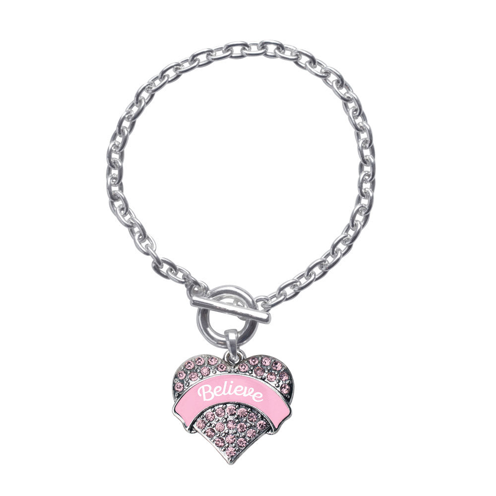 Silver Pink Script Believe Pink Pave Heart Charm Toggle Bracelet
