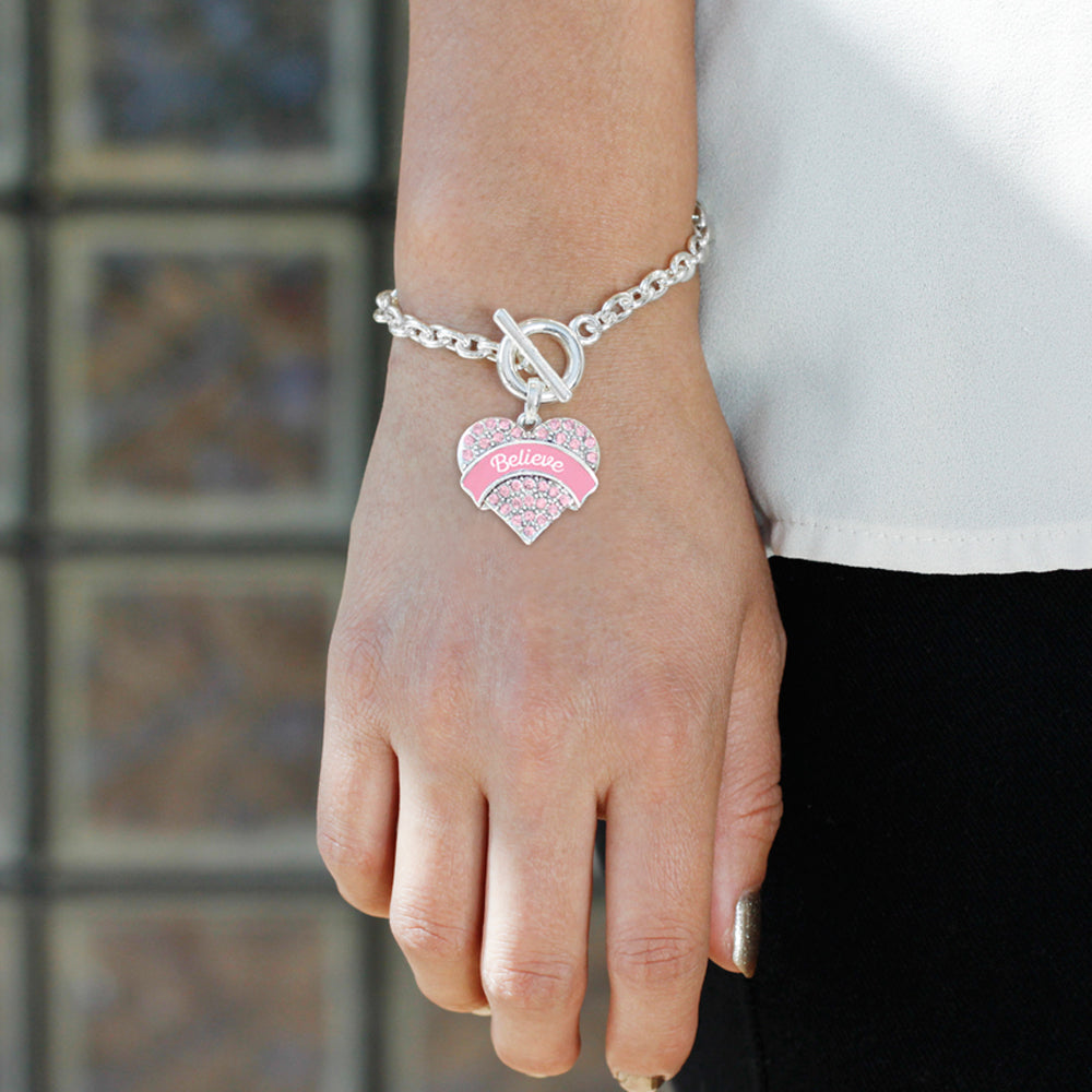 Silver Pink Script Believe Pink Pave Heart Charm Toggle Bracelet