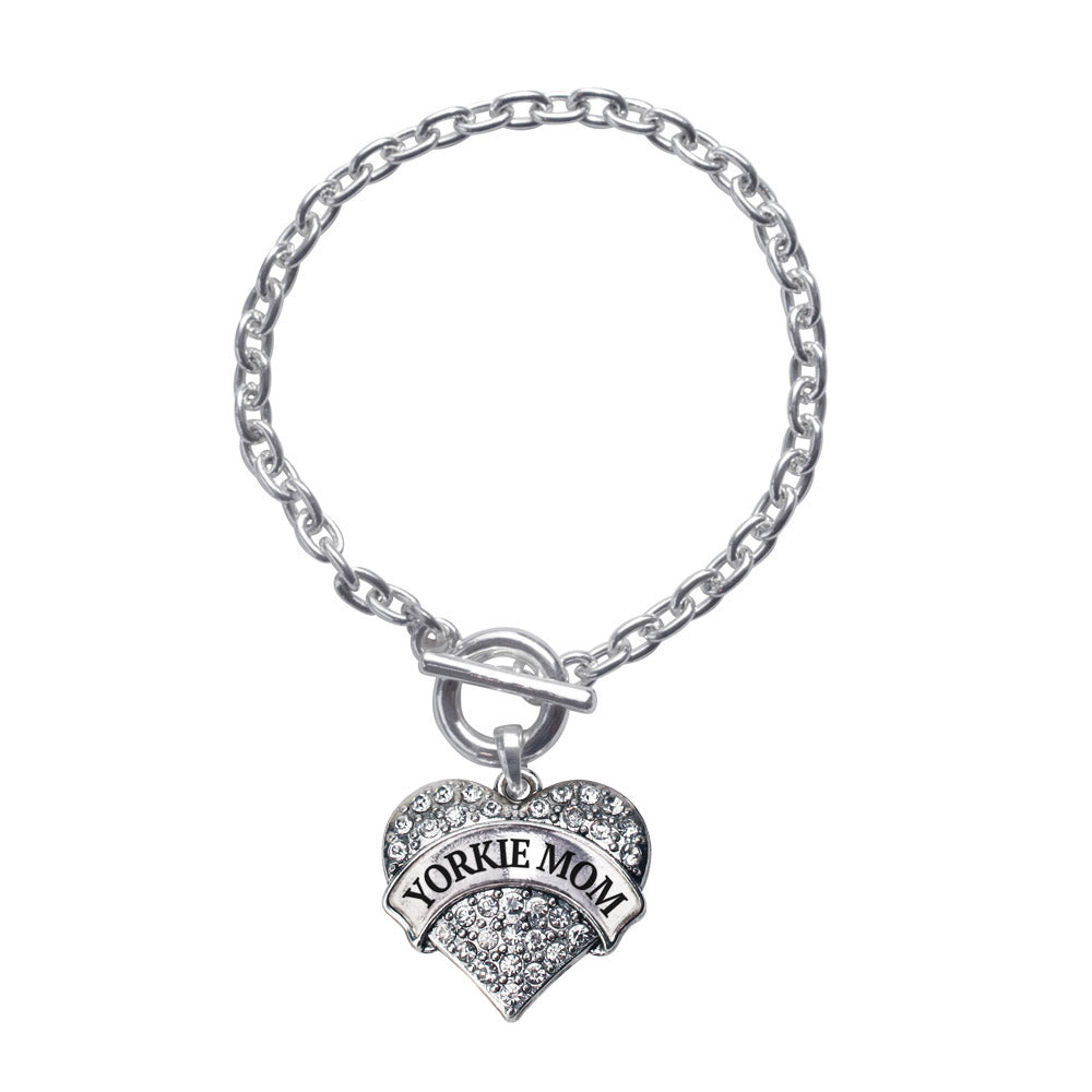 Silver Yorkie Mom Pave Heart Charm Toggle Bracelet