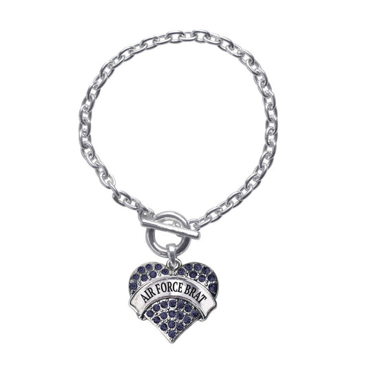 Silver Air Force Brat Blue Pave Heart Charm Toggle Bracelet