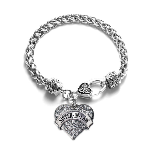 Silver Sister-In-Law Pave Heart Charm Braided Bracelet