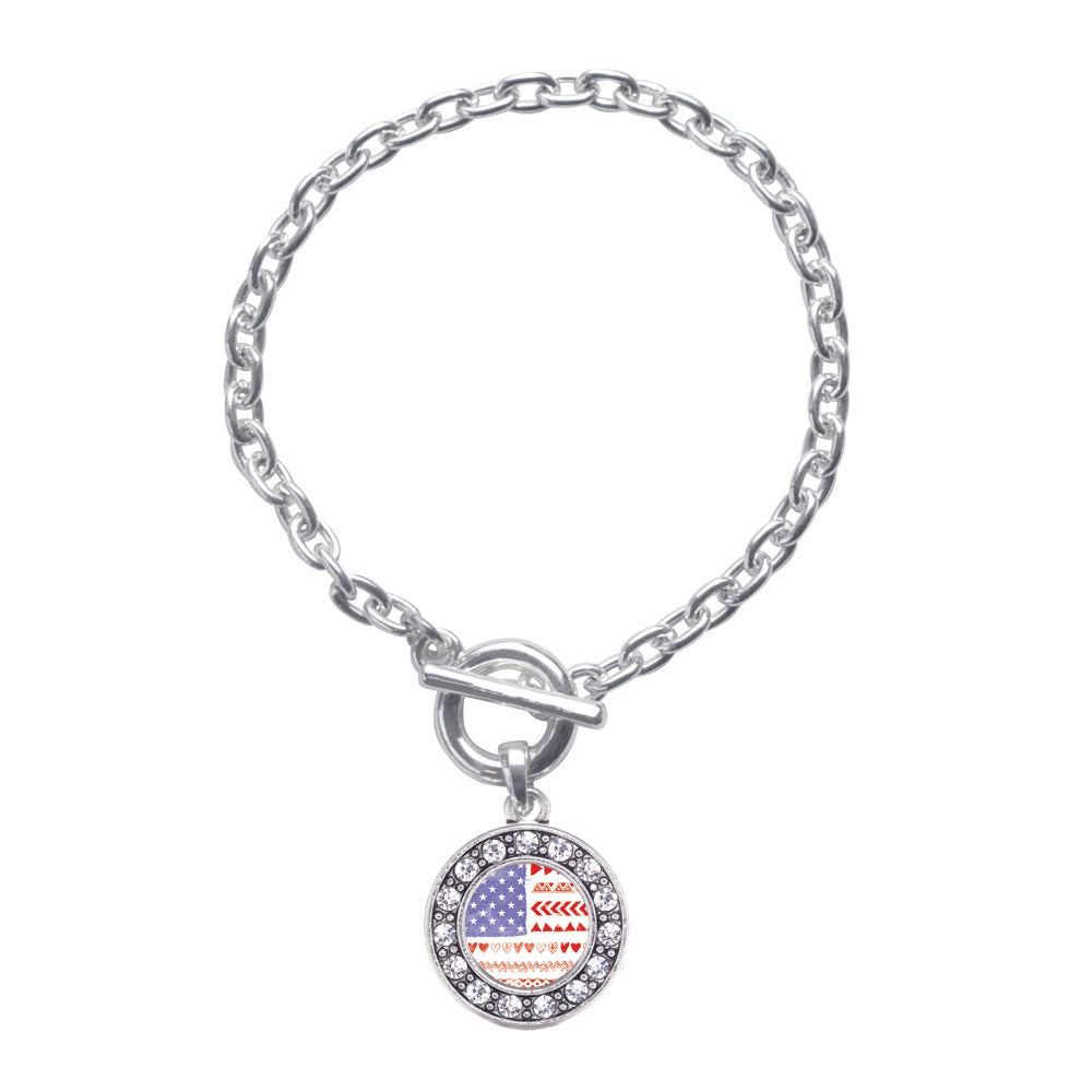 Silver Cute American Flag Circle Charm Toggle Bracelet