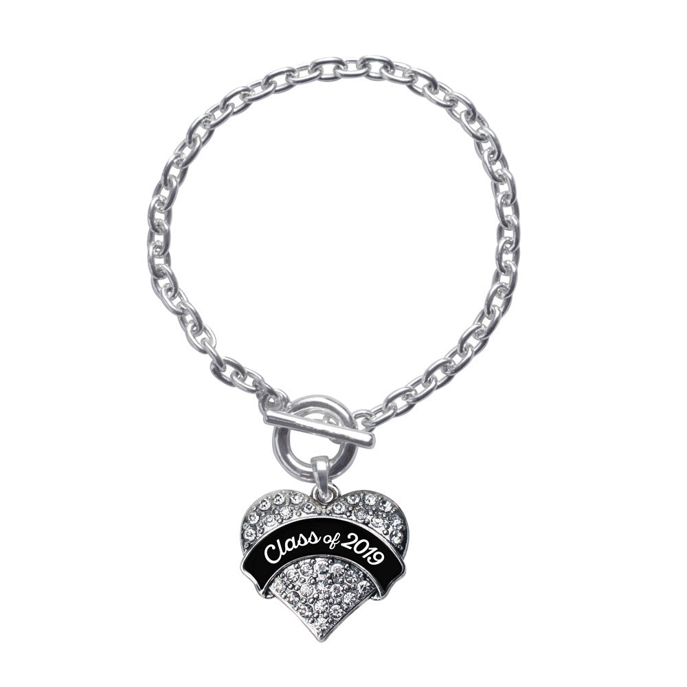 Silver Class of 2019 - Black and White Pave Heart Charm Toggle Bracelet