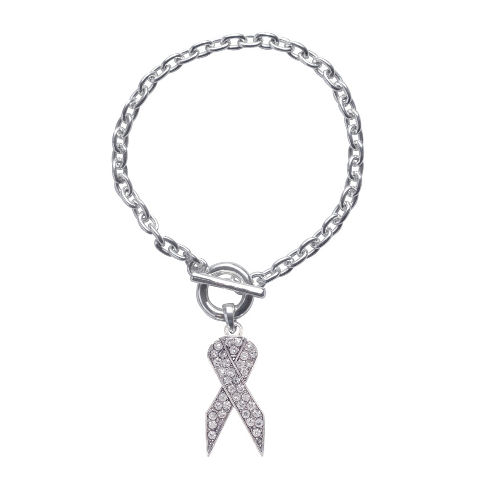 Silver Clear Ribbon Charm Toggle Bracelet