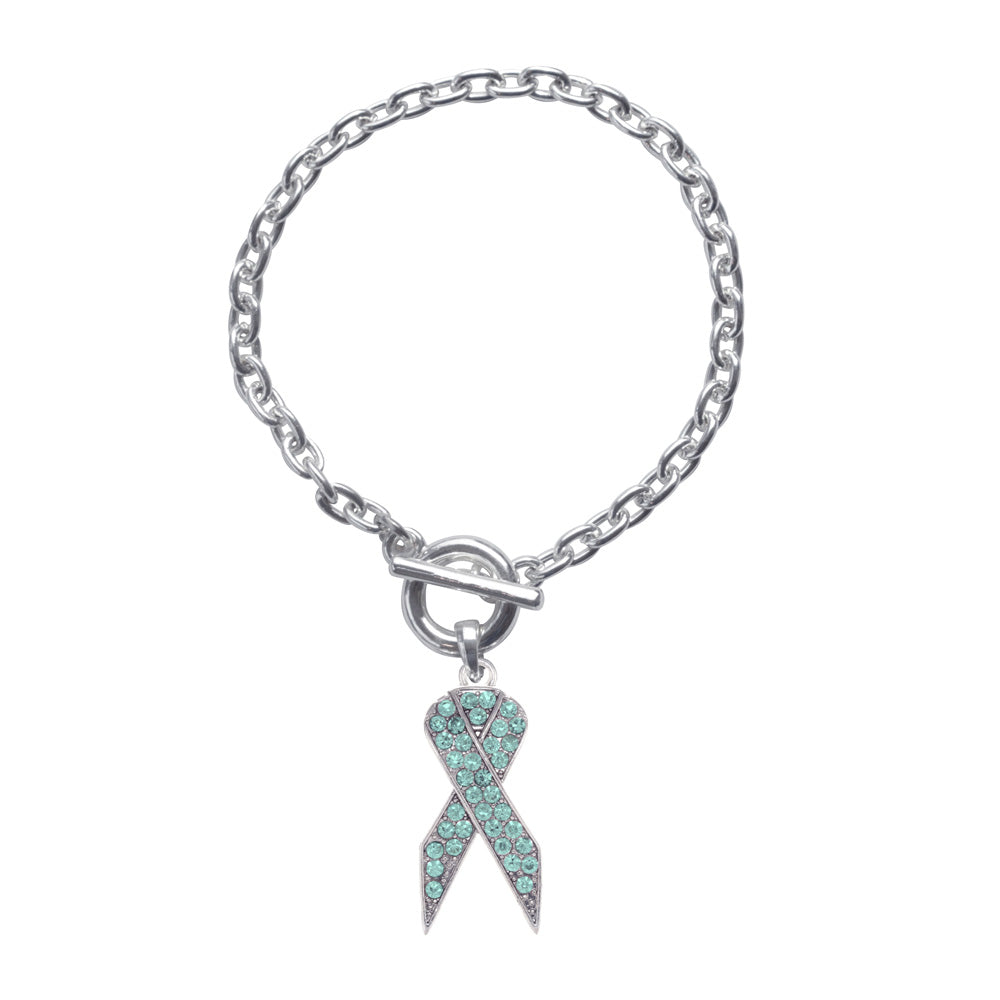 Silver Aqua Ribbon Charm Toggle Bracelet