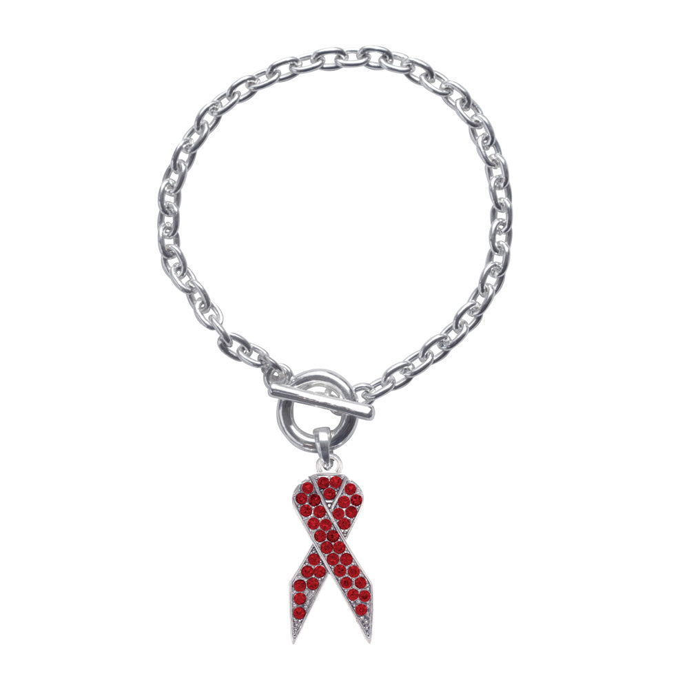 Silver Red Ribbon Charm Toggle Bracelet