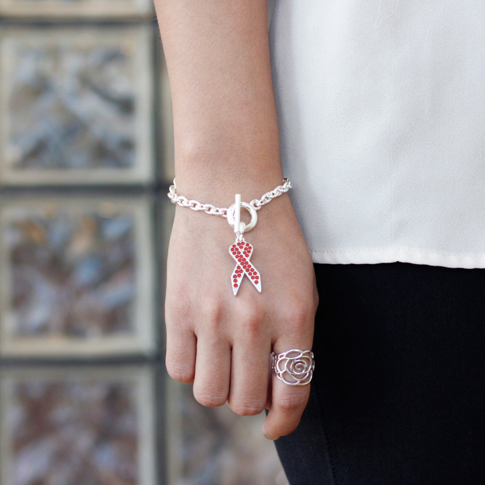 Silver Red Ribbon Charm Toggle Bracelet