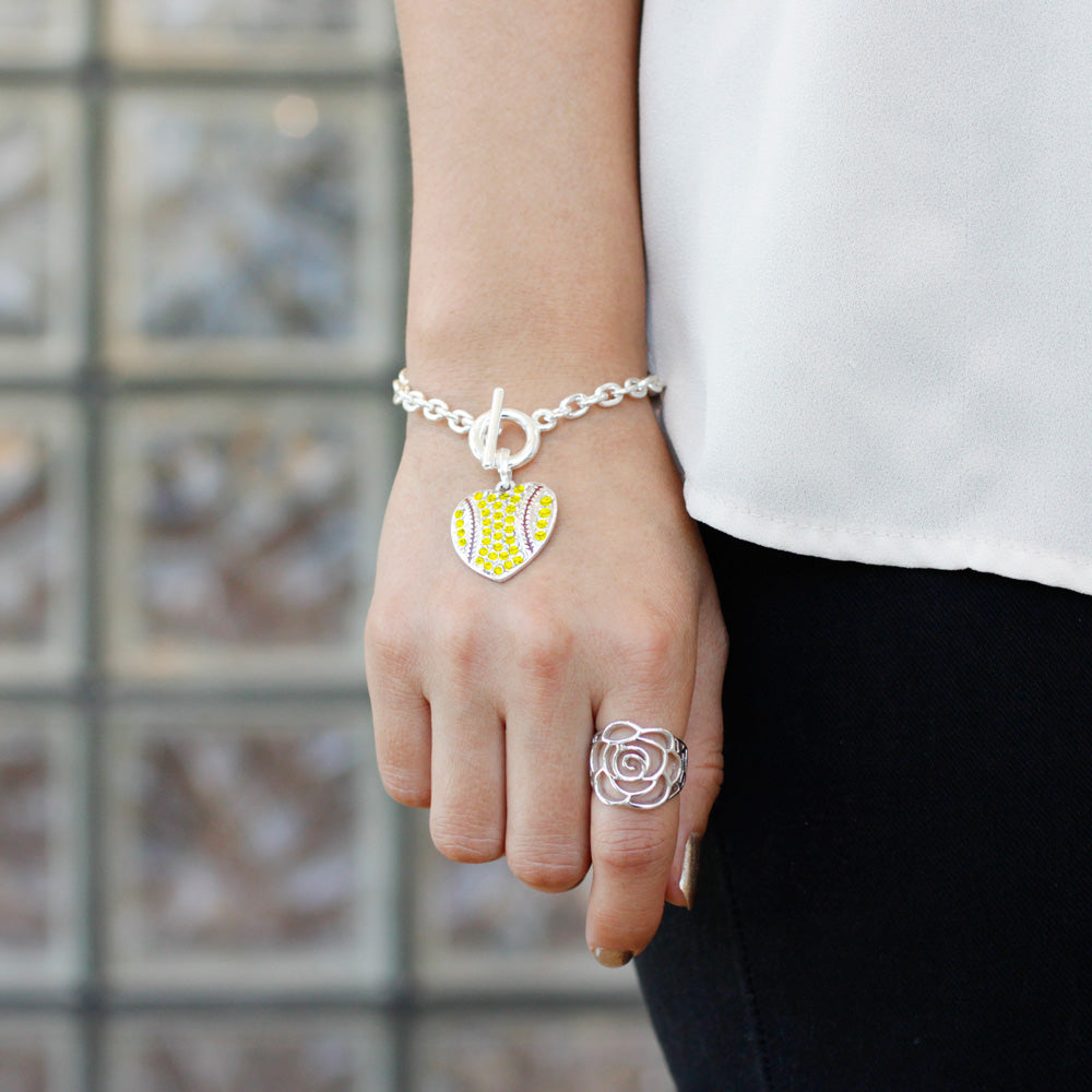 Silver Tennis or Softball Heart Charm Toggle Bracelet