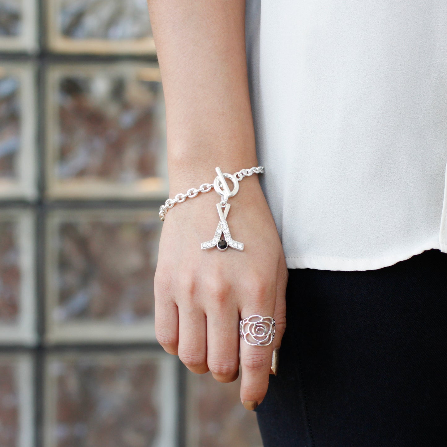 Silver Hockey Sticks & Puck Charm Toggle Bracelet