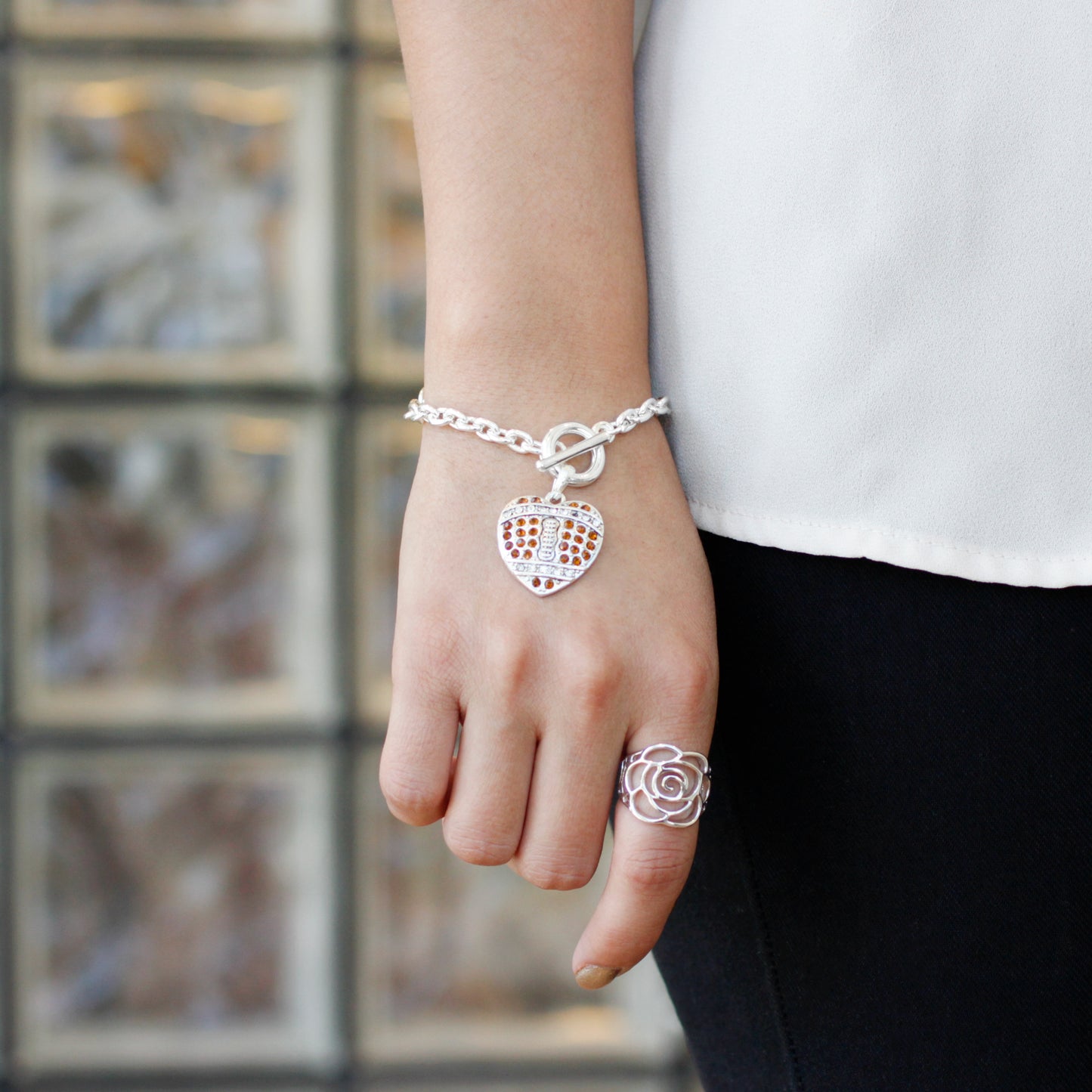 Silver Football Heart Charm Toggle Bracelet