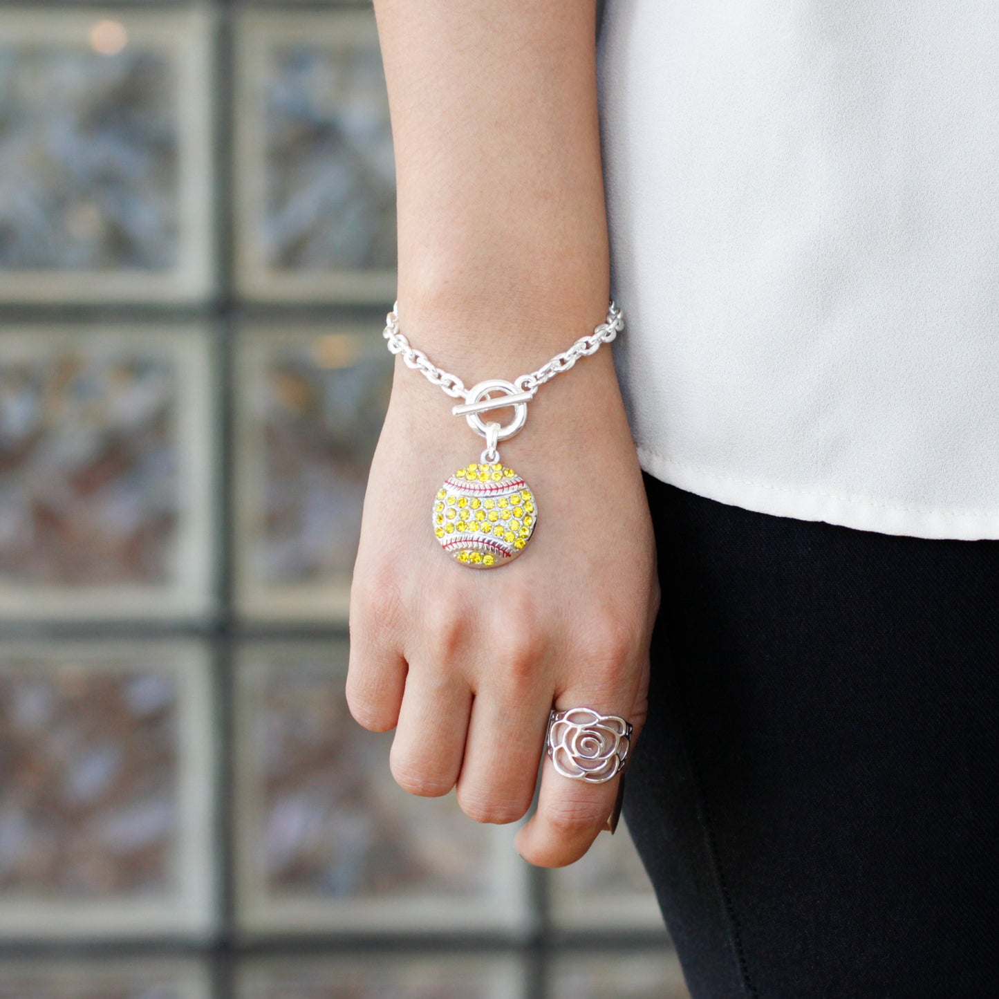 Silver Softball Charm Toggle Bracelet