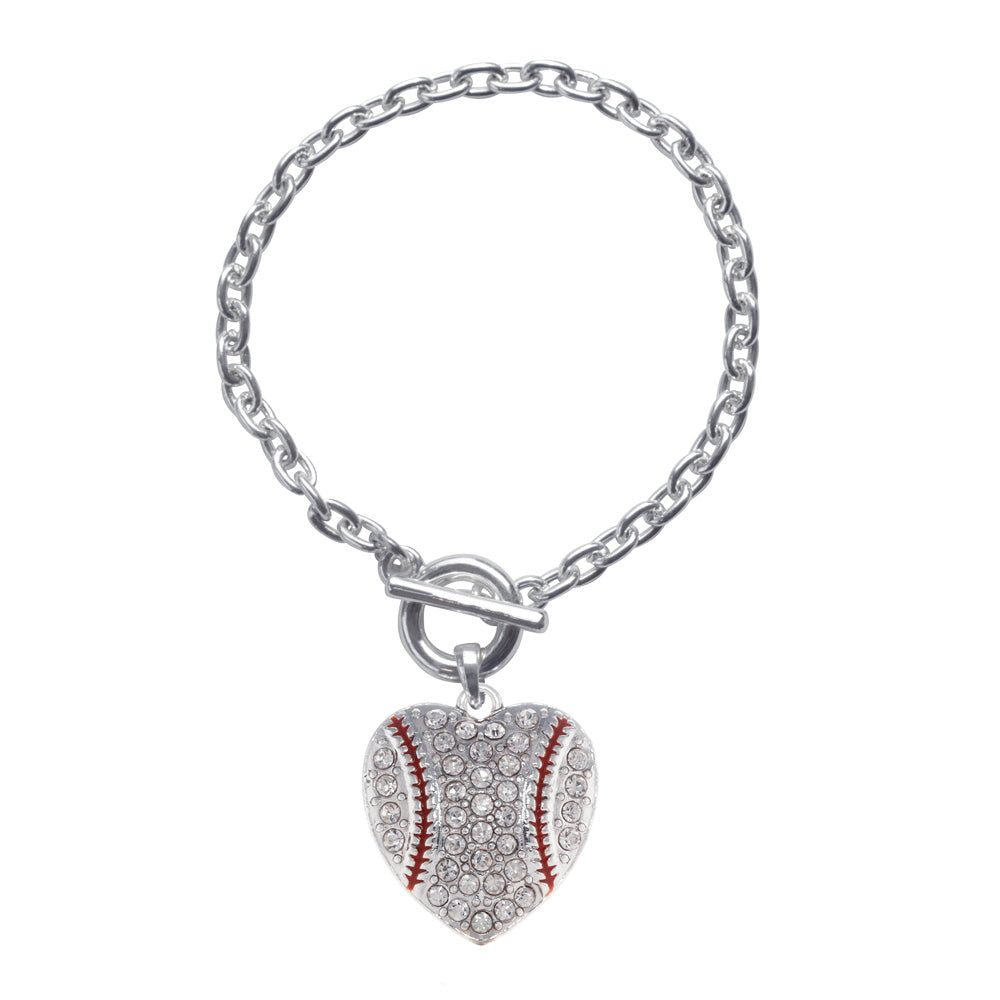 Silver Baseball Heart Charm Toggle Bracelet