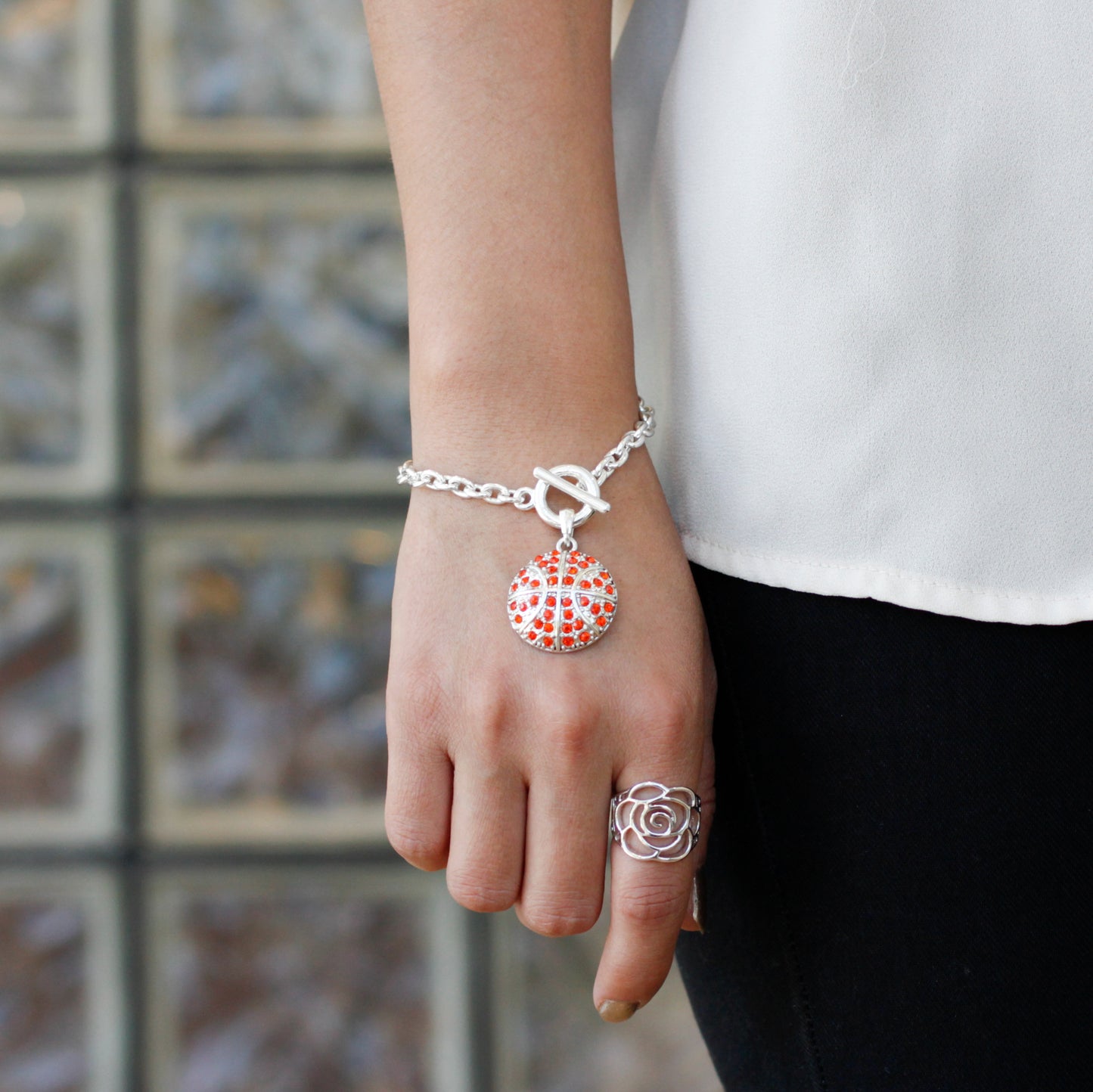 Silver Basketball Charm Toggle Bracelet