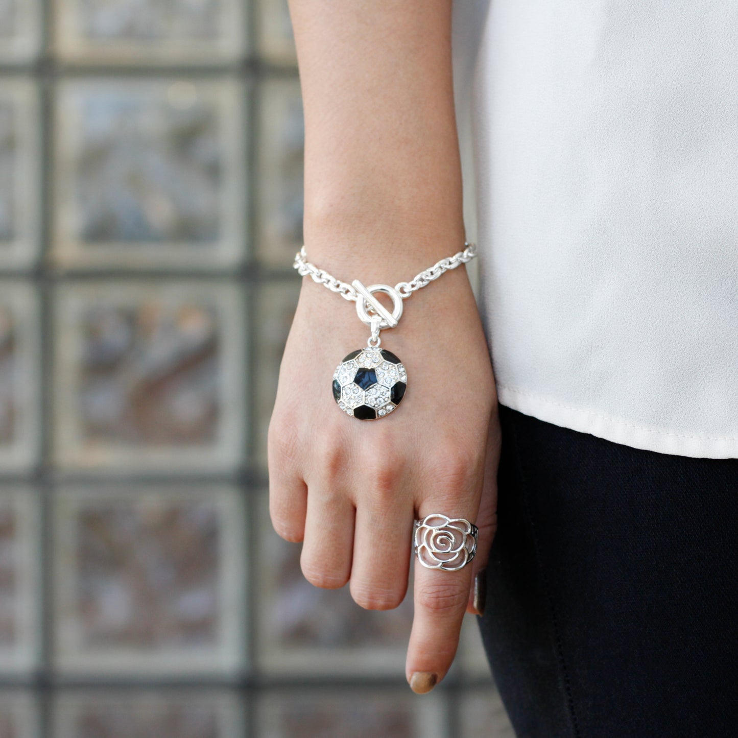 Silver Soccer Ball Charm Toggle Bracelet
