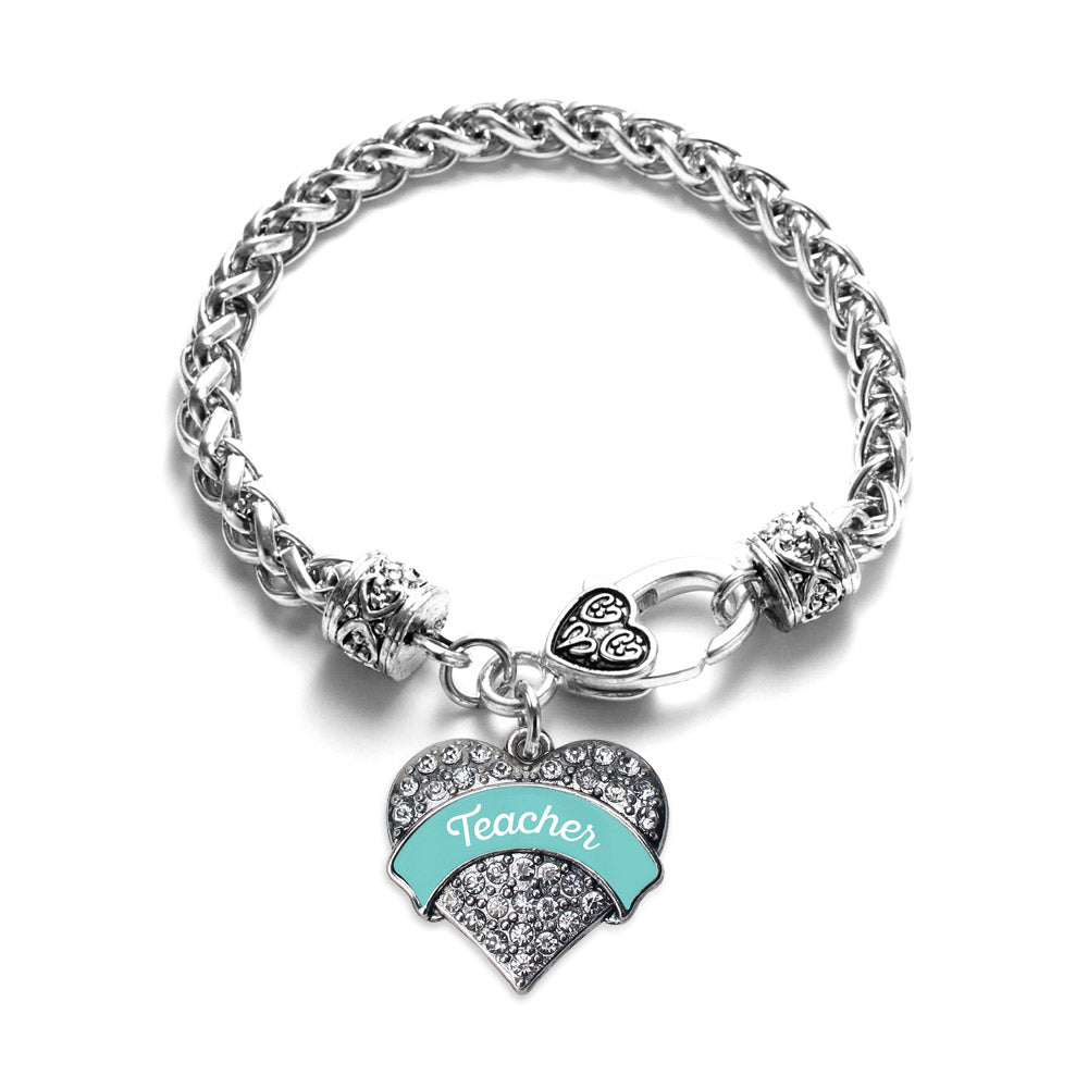 Silver Teal Teacher Pave Heart Charm Braided Bracelet