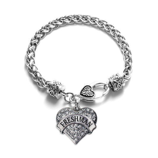 Silver Freshman Pave Heart Charm Braided Bracelet