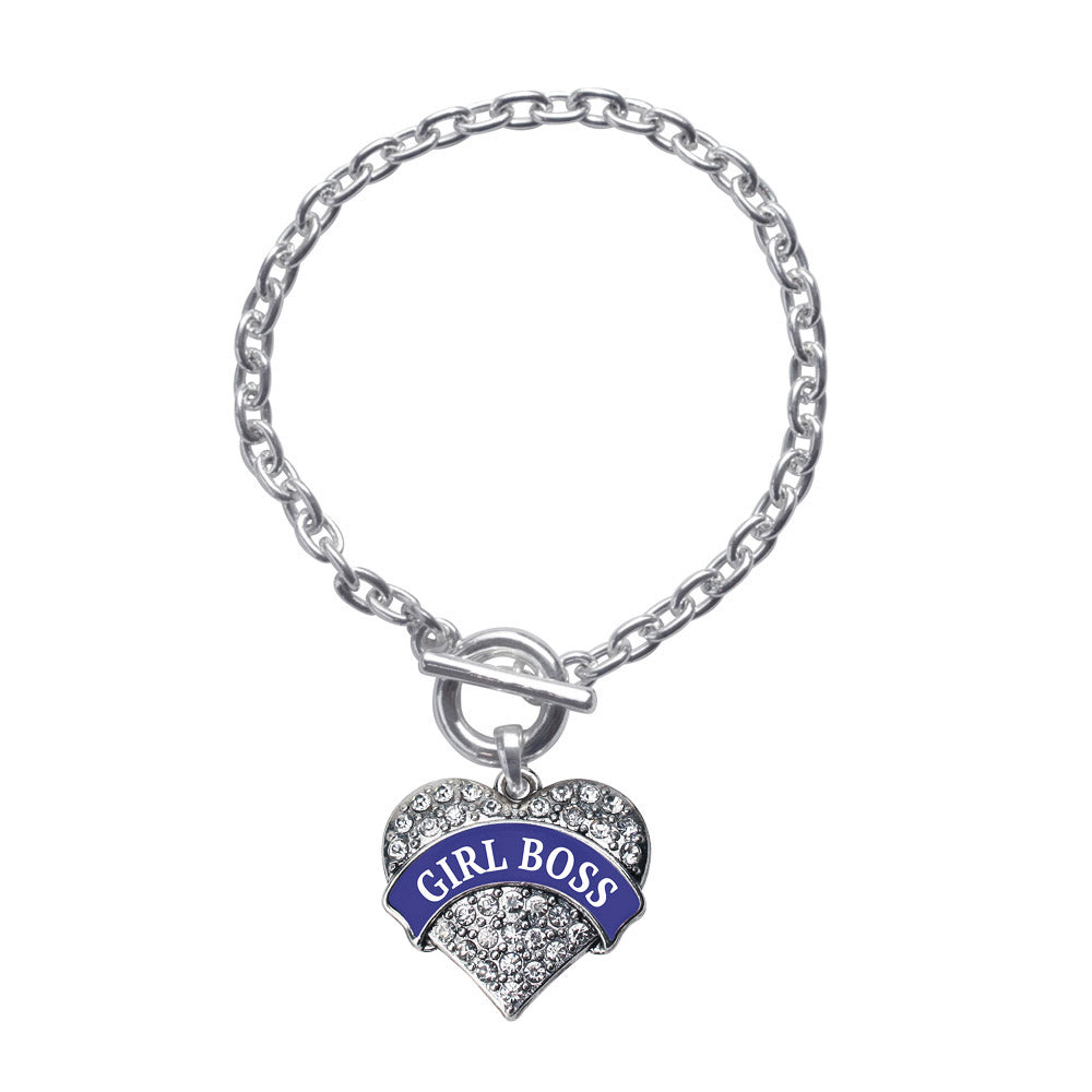 Silver Navy Blue Girl Boss Pave Heart Charm Toggle Bracelet