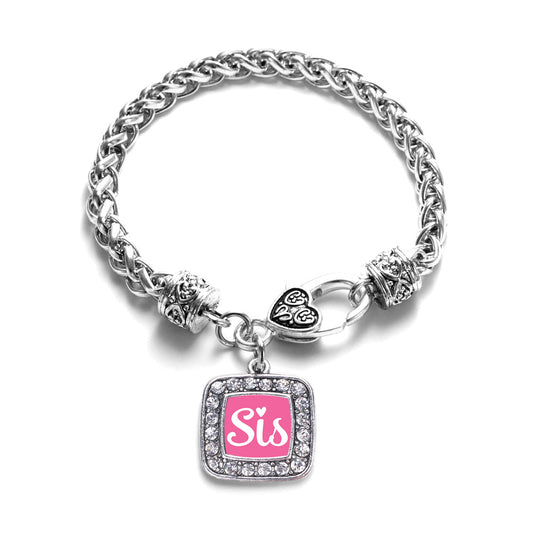 Silver Sis Pink Script Square Charm Braided Bracelet